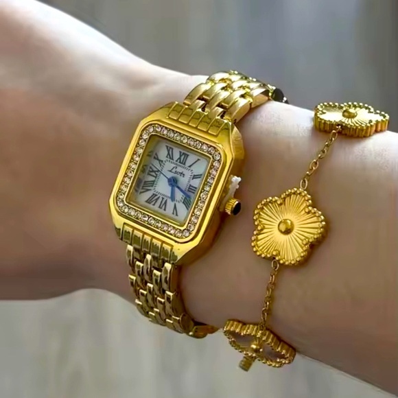 Panthere Classic Rectangle Gold Crystal Watch - Picture 1 of 13